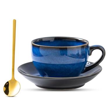 Imagem de Xícara de café de porcelana com colher de pires, xícara de chá de café expresso de cerâmica de design vintage cappuccino barista com pires (330 ml, 350 ml, azul estrelado)