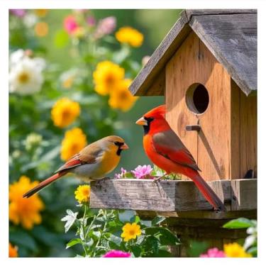 Imagem de hill froeistung Kits de pintura de diamante cardinal para adultos, kits de arte de diamante de pássaro de broca completa redonda para iniciantes, casa de passarinho 5D DIY pintura com diamantes