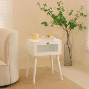 Imagem de AWASEN Criado-Mudo Branco, Mesa de Cabeceira Moderna com Gaveta Decorativa de Vidro, Mesa Lateral, Mesa de Canto de Quarto com Armazenamento e Pernas de Madeira Maciça para Sala de (, Noz Branca)