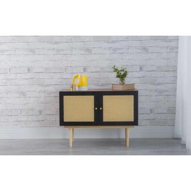 Imagem de Balcão Buffet Pés Palito Madeira Pequeno 2 Portas Mdf E Palhinha Estil