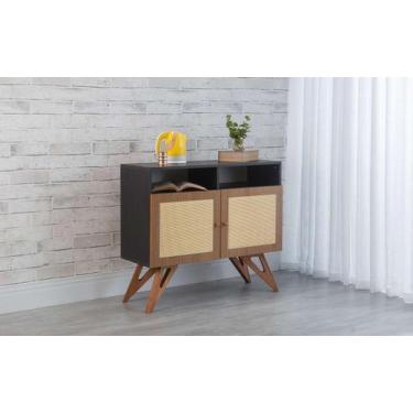 Imagem de Balcão Buffet Mdf Preto Pés Jatobá 2 Portas Com Nichos Freijó E Palhin