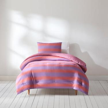 Imagem de Lush Decor Gale Cabana Stripe? Conjunto de 2 peças de edredom reversível Twin/Twin GG coral e roxo - Conjunto de cama listrado - edredom rosa infantil - decoração de dormitório costeiro