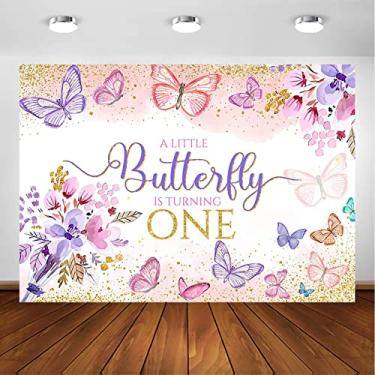 Imagem de Avezano Pano de fundo de borboleta de aniversário com bolinhas douradas para meninas 1º aniversário rosa e roxo borboletas florais decoração de festa de aniversário faixa (2,4 x 1,8 m)