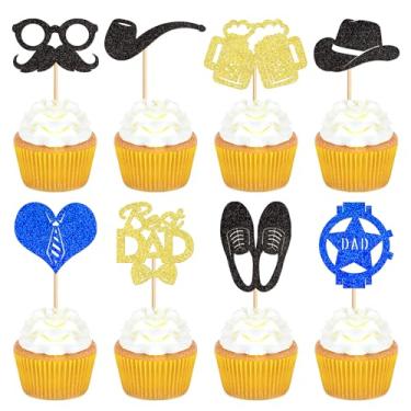 Imagem de Ercaido 24 PCS Happy Father's Day Cupcake Toppers Picks Best Dad Black Hat Shoes Moustache Blue Tie cheers for Happy Father's Day Theme Men Birthday Party Cake Decorations Supplies Heart Blue