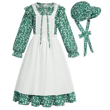 Imagem de Cuteshower Fantasia colonial para meninas, vestido de pradaria, fantasia de pioneira com chapéu, Verde, 7-8 Anos