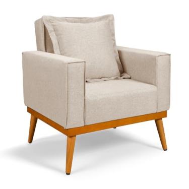 Imagem de Poltrona Linho Confortável Aconchegante Elegante De Luxo Reforçada Para Sala De Estar Escritório Decoração Recepção Quartos Base E Pés De Madeira Tecido Premium (Cru)