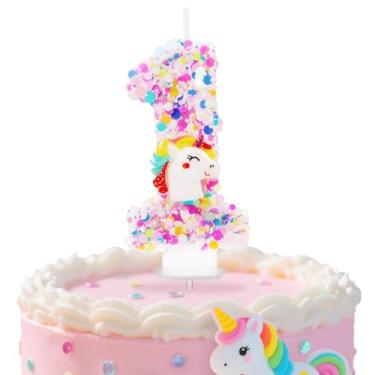 Imagem de Velas número de aniversário, velas de aniversário de unicórnio para bolo, decoração de topo de bolo número 1 com glitter para meninos e meninas (decoração 0)