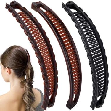Imagem de Hzopcw 3 grampos de cabelo de banana para mulheres, grampos de cabelo clássicos de pente duplo, acessórios de cabelo antiderrapantes para penteados grossos e finos longos e cacheados - preto e café