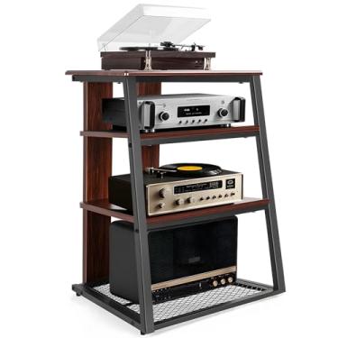 Imagem de IBVIVIC Prateleira de canto com suporte de mídia AV de 4 camadas, prateleira de mídia para toca-discos, gabinete estéreo de madeira, suporte estéreo para Xbox One/Apple TV/Ps4 (nogueira)