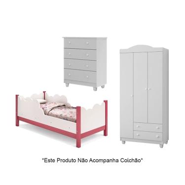 Imagem de Cama Infantil Juvenil Nuvem Branco/rosa com Comoda e Guarda Roupa Lara Branco