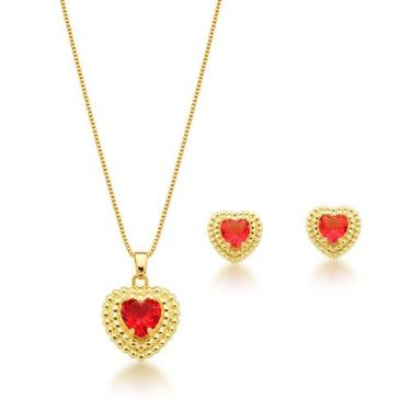 Imagem de Conjunto Colar e Brincos Coração Vermelho Banhado a Ouro 18k - Atrakti