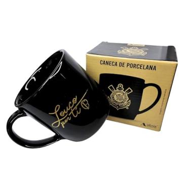 Imagem de Caneca de Porcelana Grossa Preta, 360ml, com Emblema do Corinthians