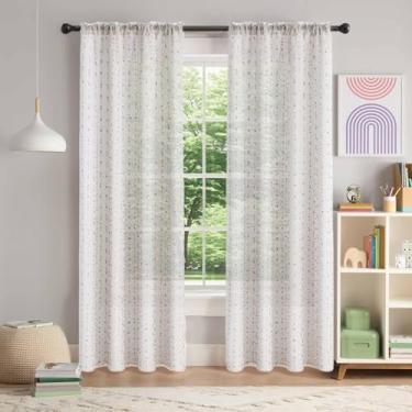 Imagem de Cortinas transparentes de linho vintage com pompom colorido para quarto, sala de estar, cortinas românticas bordadas de voile listradas, cortinas de janela com filtro de luz para quarto de meninas e