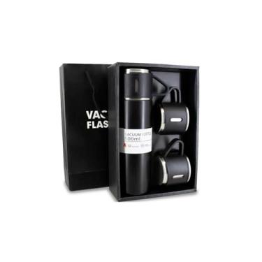 Imagem de Kit Garrafa Térmica Inox com 3 Xícaras Caneca Vácuo Squeeze Bebidas Fria ou Quente Inox 500ml (Preto)