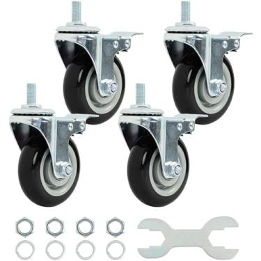 Imagem de Finnhomy Rodas giratórias giratórias de haste rosqueada de 10 cm, conjunto de 4 rodízios resistentes de 1/5.1 cm-33.0 x 2.5 cm com freio de poliuretano com trava industrial rodas para carrinho/móveis