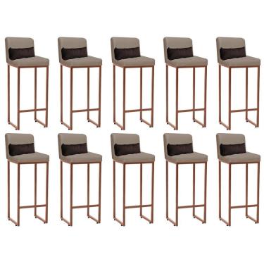 Imagem de Kit 10 Banqueta Alta Com Encosto Balcão Ferro Bronze Suede Bege E Almofada Marrom