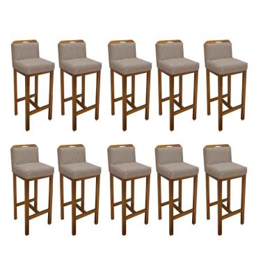 Imagem de Kit 10 Banqueta Alta Com Encosto Simon Balcão Base Madeira Carvalho Tecido Sintético Bege