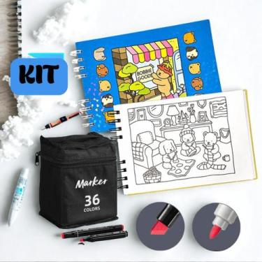 Imagem de Kit Livro de Colorir Capa Dura Caderno de Desenho 50Flhs Kit de Caneti