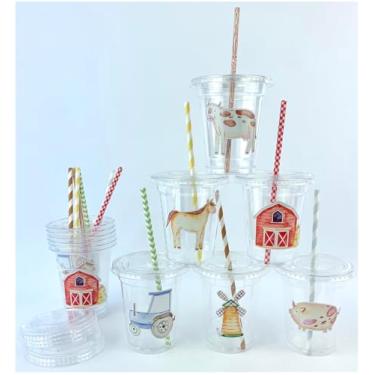 Imagem de Copos de festa de animais de fazenda com tampas e canudos, 340 g, conjunto de 12, utensílios descartáveis para bebidas com tema de celeiro