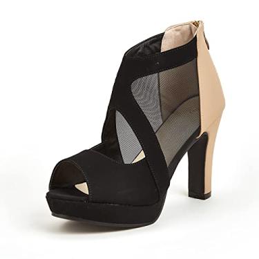 Imagem de GATUXUS Sandálias Femininas De Salto Alto Plataforma, Bico Aberto, Saltos Grossos E Sensuais Com Tiras (Bege, Preto Mescla, Eua 9)