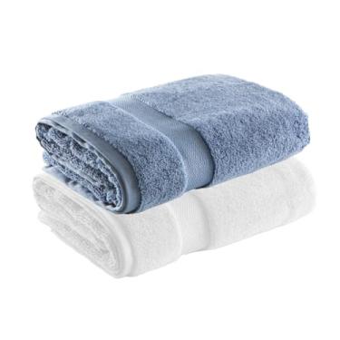 Imagem de Jogo de Toalha de Banho Super Soft Zero Twist, 2 peças, 70x140cm, Algodão, Toque Macio, 500g/m², Altihaus, Alta Absorção, Durabilidade (Branco/Azul)