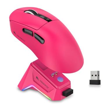 Imagem de Mouse para jogos sem fio com base de carregamento RGB, mouses de computador ergonômicos leves de 57 g, sensor óptico DPI 12K, polling de 1 KHz, 5 botões programáveis, BT5.1/2.4G/USB-C para PC e Mac