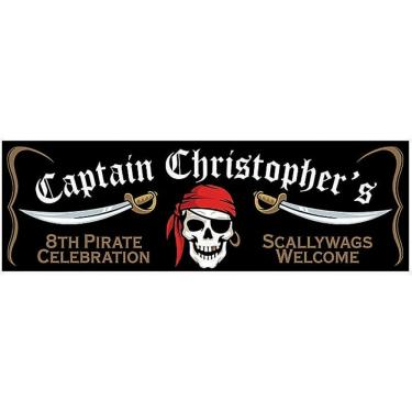 Imagem de Banner de vinil personalizado pirata sorrindo preto – 1 peça – ideal para Halloween, festas e celebrações com tema pirata