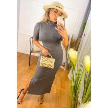 Imagem de Vestido longo feminino manga curta gola alta canelado - Filó Modas, m,