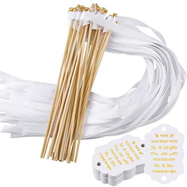 Imagem de Junkin Conjunto de 100 varinhas de casamento com sinos dourados, 50 varinhas dançarinas de fita de seda e 50 peças de etiquetas de lembrancinha branca para casamento, chá de bebê, enviar atividades de