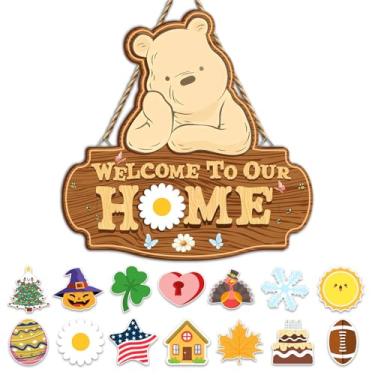 Imagem de Hatzelou Placa De Boas-Vindas Do Ursinho Pooh Para Decoração Porta, Com Feriado Intercambiável, Casa Fazenda, Perfeita Presente Inauguração