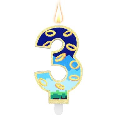 Imagem de Vela de Aniversário Azul & Dourada, Vela de Número Tema Desenho Animado Topo Bolo Decoração Festa para Meninos Meninas Crianças Chá Bebê (Número 3)