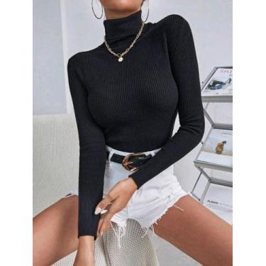 Imagem de Blusa Feminina Gola Alta Canelada Cacharrel - mkshop, Preto, M