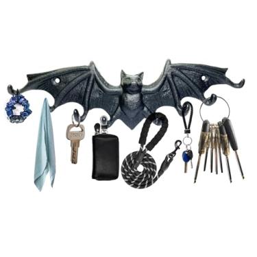 Imagem de Hallocool Suporte para chave de morcego, decoração gótica, ganchos de ferro fundido, suporte de chave de morcego de vampiro fofo, ganchos para chave para pendurar trela de cachorro, carteira de cinto, toalha de guarda-chuva, gancho de chave de figura de morcego, morcegos de Halloween