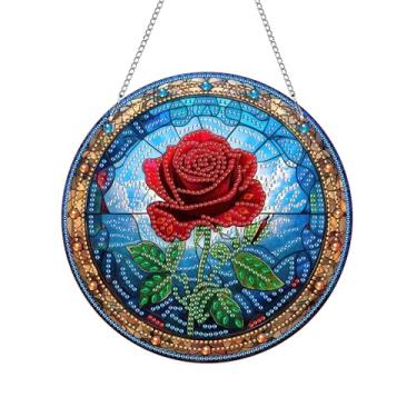 Imagem de Kaliosy Apanhador de sol, enfeite de arte de diamante para pendurar na janela de rosa vermelha - Ornamento acrílico de flor de pintura de diamante, decoração de primavera para varanda ao ar livre