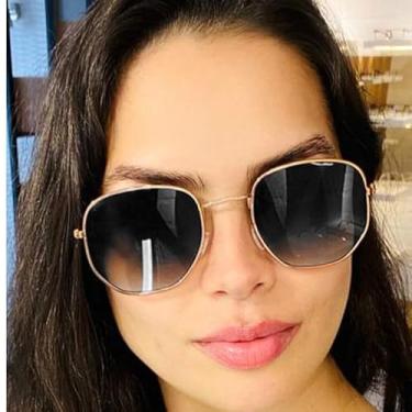 Imagem de Óculos de Sol Hexagonal Lente Preta com Proteção Uv400 Masculino Feminino (Preto Degradê com Dourado)
