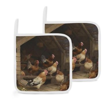 Imagem de Suportes de panela para cozinha, frango, galinha, galinha, estampa de fazenda, conjunto de pegador de panela para cozinhar e assar com laços para pendurar, lavável na máquina, pacote com 2