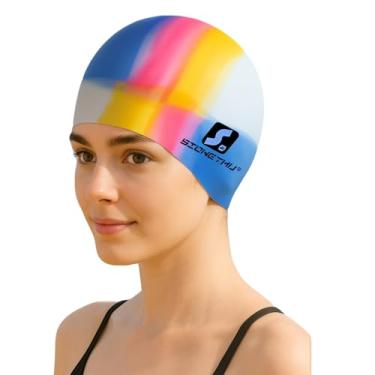 Imagem de Touca de natação de cabelo longo grande com espaço extra para mulheres e homens, touca de natação de silicone para cabelos longos e grossos, bonés de natação à prova d'água para adultos para manter o