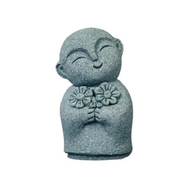 Imagem de SEEK RARE Mini monge estátua de Buda estátuas de arenito monge zen estátua rezando esculturas para riqueza boa sorte decoração Feng Shui casa aquário aquário jardim (estilo 12)
