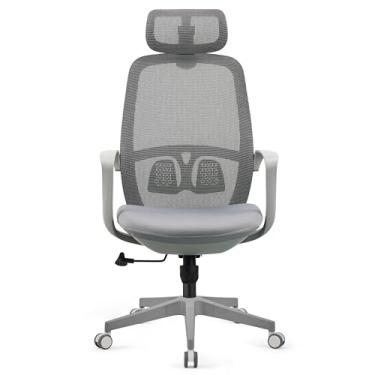 Imagem de Cadeira de escritório ergonômica moderna com encosto de cabeça, almofada de assento grossa, encosto de malha, rotação de 360°, altura ajustável, suporte lombar (cinza)