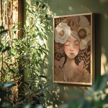 Imagem de Quadro Decorativo Menina Flor Com Moldura - Arte Feminina Floral Delicada Criança Flores Decoração Quarto Sala Infantil Nuances