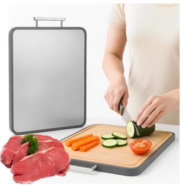 Imagem de Tábua De Cortar para Carne legumes Dupla Face Bambu E Inox - ZEM