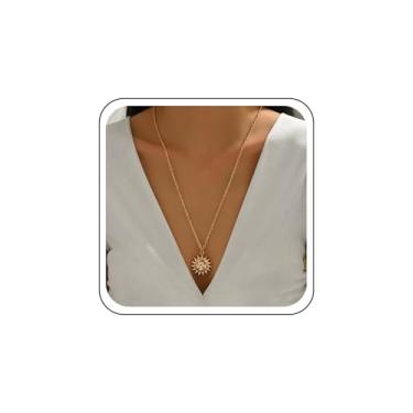 Imagem de TseanYi Colar com pingente de sol, pingente de girassol dourado, vintage, rosto, sol, corrente, colares, sunburst, verão, praia, joia