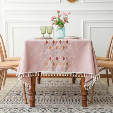 Imagem de KAIJIE Toalha de mesa de linho de algodão para uso ao ar livre, retangular, com borla, tecido pesado, sem rugas, capa de mesa para jantar/festa/rústica 100 x 160 cm C - rosa