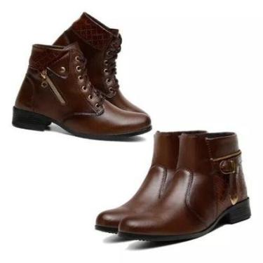 Imagem de 2 Pares Bota Feminina Coturno Chelsea Cano Curto Montaria Salto Grosso Couro Ecologico Frio Inverno-Feminino