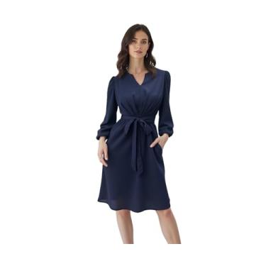 Imagem de Star Vixen Vestido feminino com mangas compridas, pala no ombro frontal e decote notch, Azul marino, P