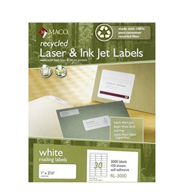 Imagem de MACO Etiquetas de endereço branco a laser/tinta reciclada, 3 x 5 cm, 30 por folha, 3000 por caixa (RL-3000)
