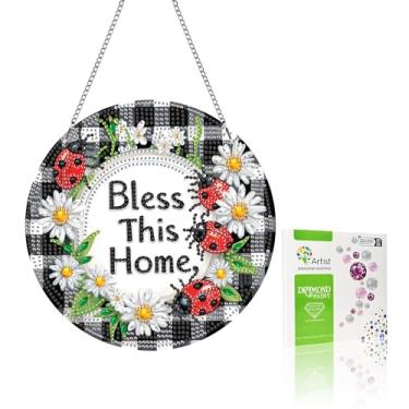 Imagem de VAIIEYO Bless Diamond Art Ornamento para pendurar, pintura de diamante para casa, kit de pendurar janela com corrente, pingente de cristal de 19 x 19 cm, artesanato para presente, decoração de parede