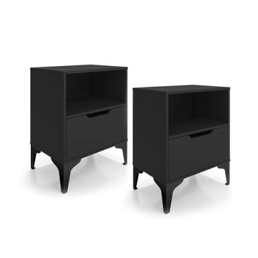 Imagem de Kit com 2 Mesas de Cabeceira Vegas 1 Gaveta com Puxador Cava Nicho Espaçoso e Pés de Ferro - LH Móveis (Preto/Pé Preto)