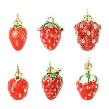 Imagem de UR URLIFEHALL 6 peças de pingentes de morango de latão banhado a ouro 18 K esmaltado 3D pingentes de frutas para fazer joias, colar, pulseira, brinco, artesanato faça você mesmo