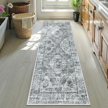 Imagem de Uphome Tapete de corredor de banheiro, tapete de banheiro cinza tribal envelhecido, tapetes de banheiro grandes antiderrapantes lavável, tapete de banho boho retrô oriental corredor para pia de